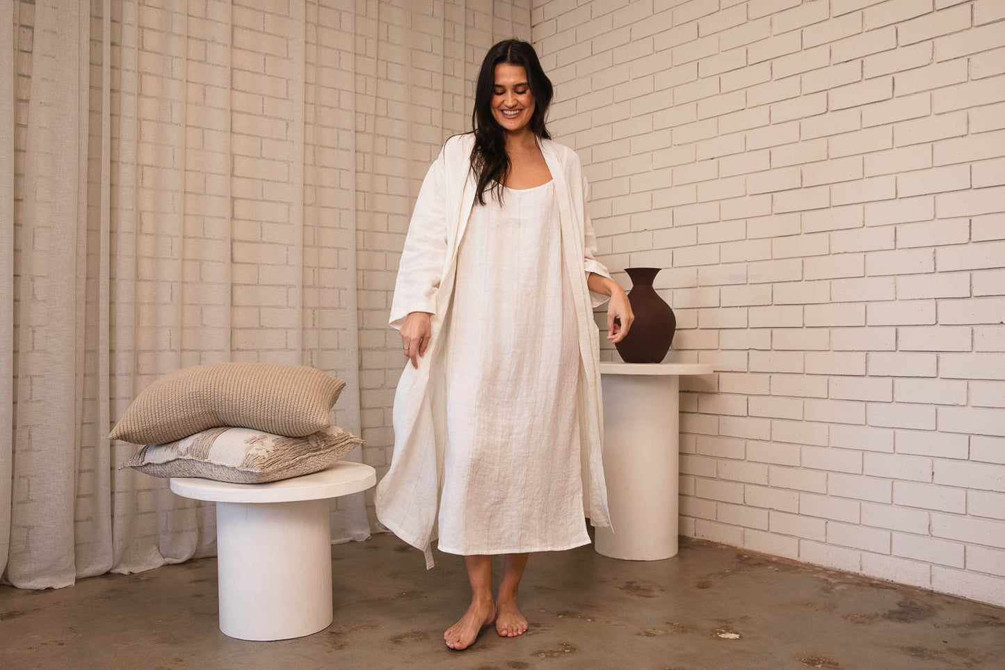 Carter Fundamental Linen Robe - Off White with Natural Stripe