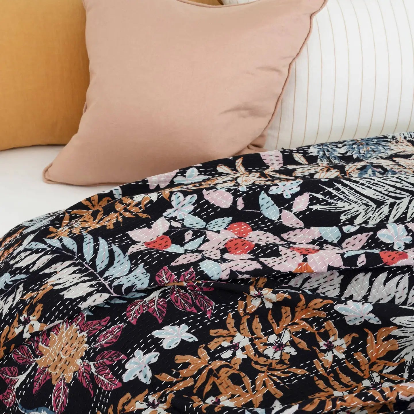 Indian Kantha Quilt Blanket Bedspread Coverlet - Black Pastures