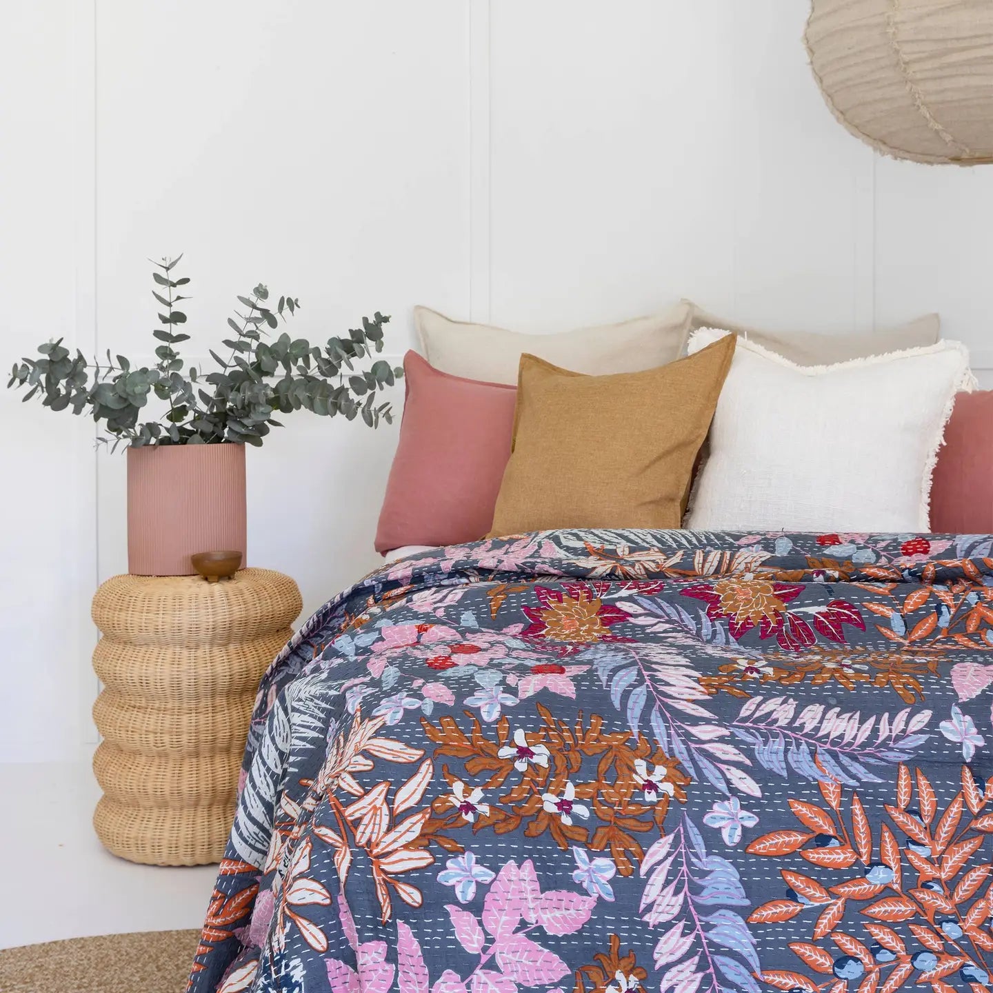 Indian Kantha Quilt Blanket Bedspread Coverlet - Blue Serenity