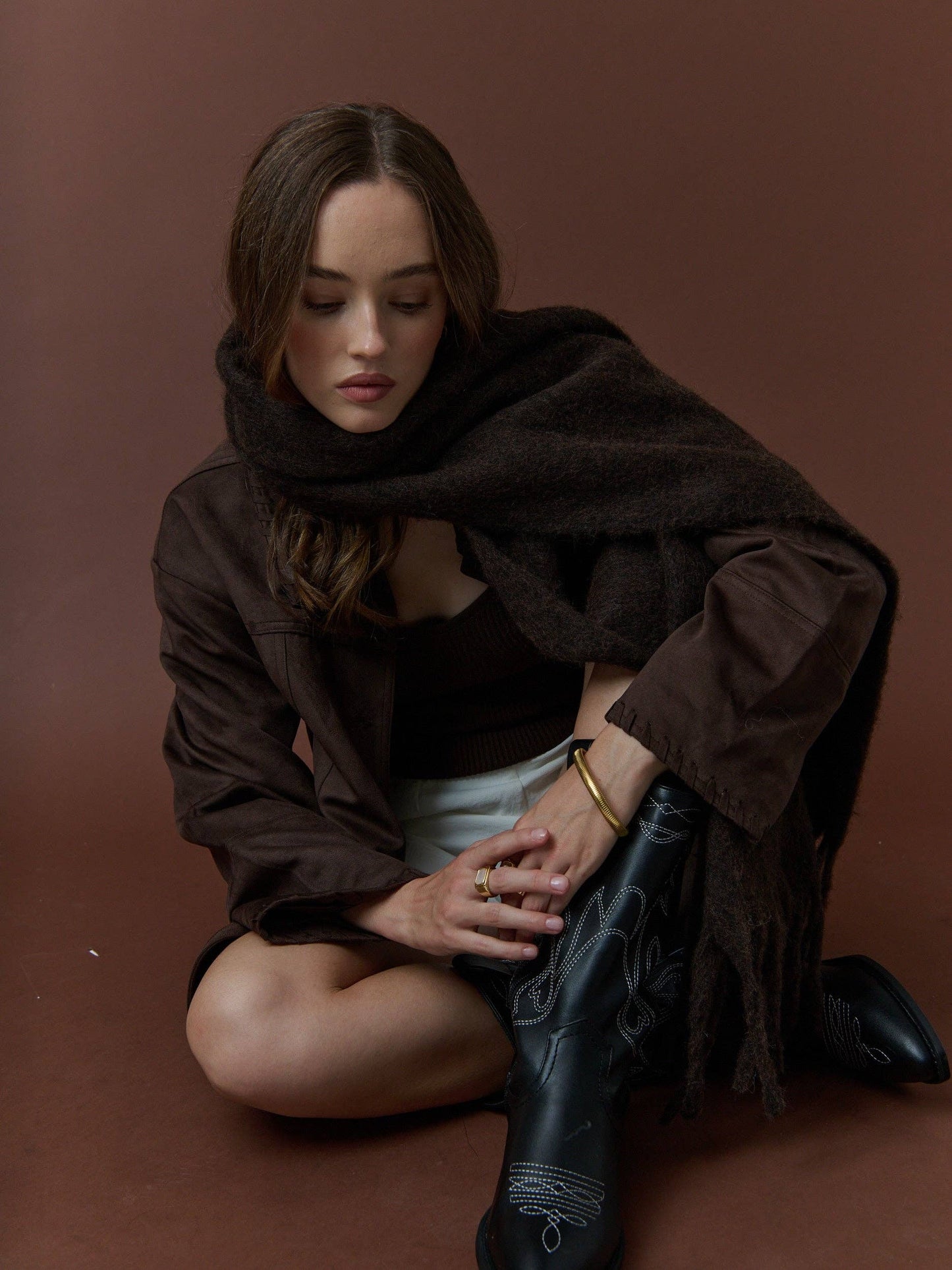 Betty Wool Plain Winter Fluffy Scarf in Brown