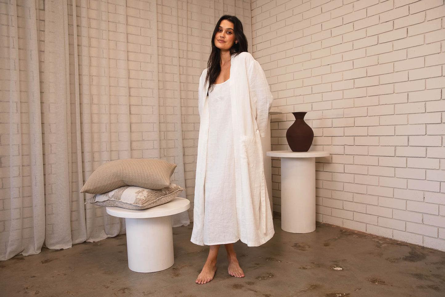 Carter Fundamental Linen Robe - Off White with Natural Stripe