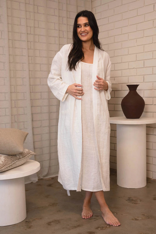 Carter Fundamental Linen Robe - Off White with Natural Stripe