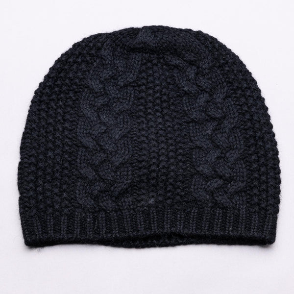 Madison 100% Pure Cashmere Cable and Fancy Stitch Beanie - Jett Black