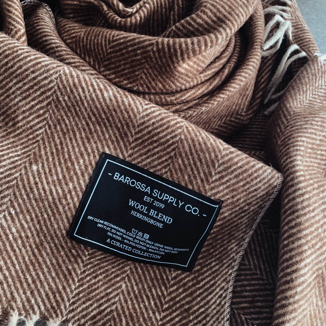 Chocolate - Herringbone Wool Blend Blanket