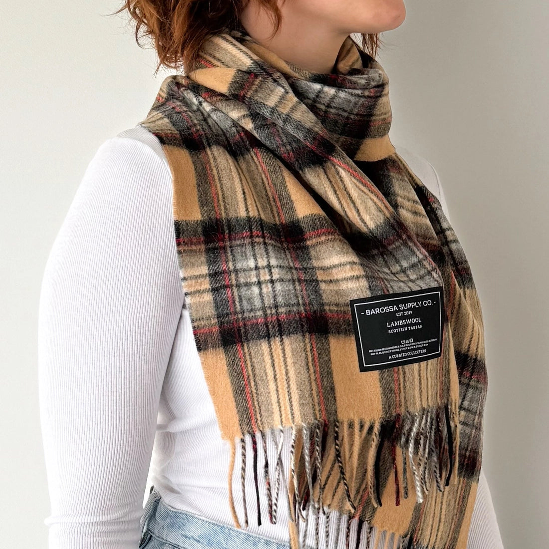 Scottish Tartan Lambswool Scarf by Barossa - Stewart Camel