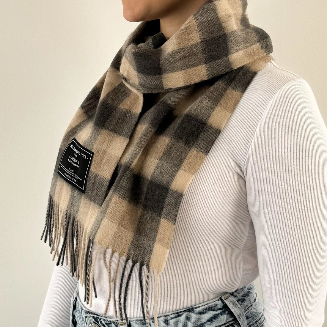 Scottish Tartan Lambswool Scarf by Barossa - Neutral Check