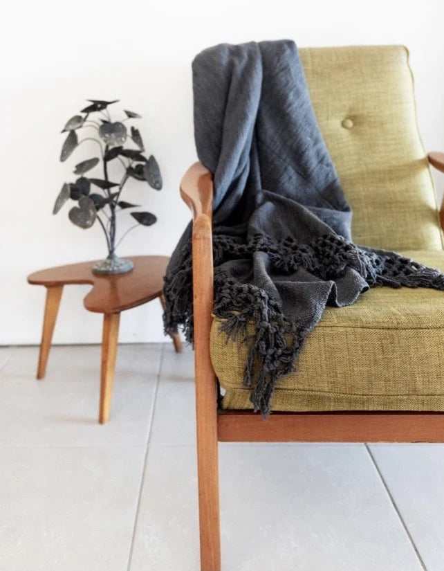 Crossed Fringe Throw in Charcoal