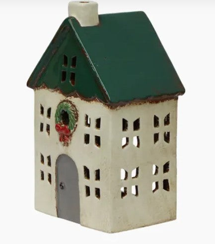 Christmas Tea Light House Green with Wreath Small