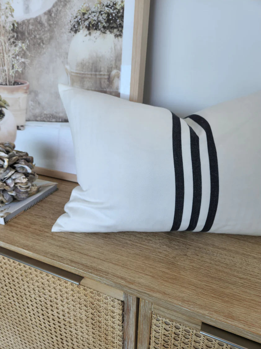 Kuta Herringbone Linen Cotton Cushion Feather Filled 40x60cm Lumbar - Black Striped