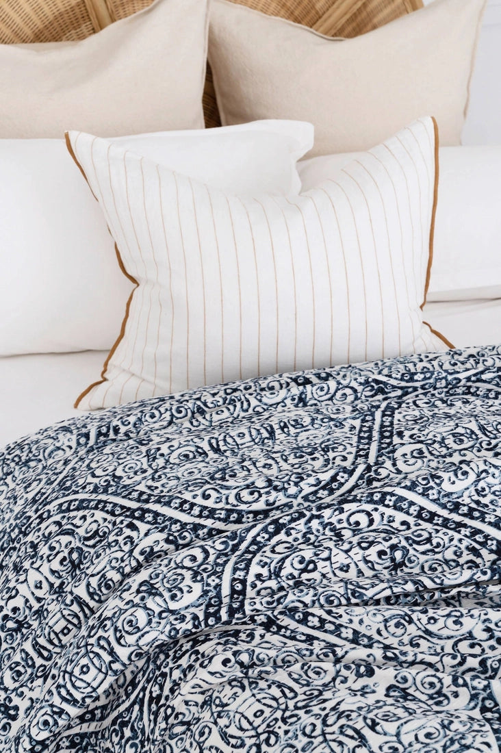 Kantha Quilt Indian Block Print Bedspread - Blue Stone