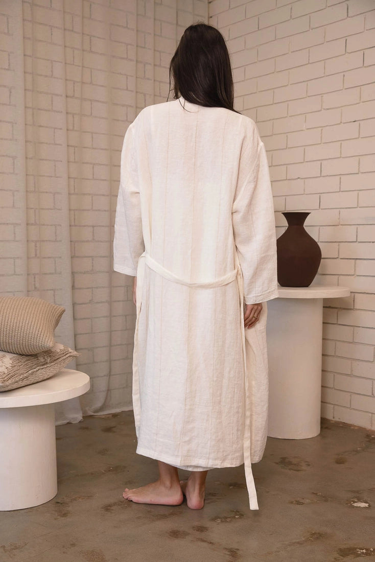 Carter Fundamental Linen Robe - Off White with Natural Stripe