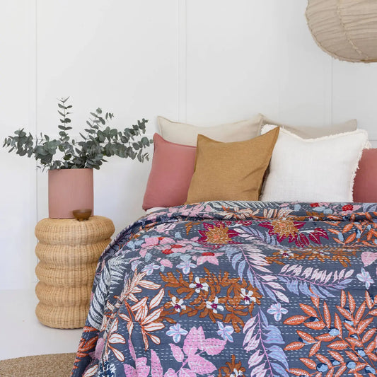 Indian Kantha Quilt Blanket Bedspread Coverlet - Blue Serenity