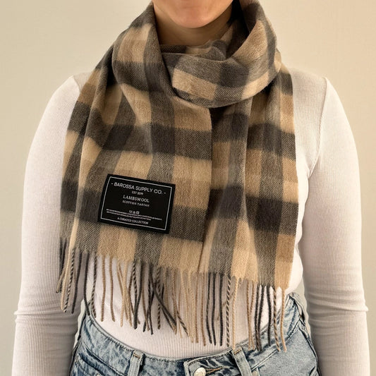 Scottish Tartan Lambswool Scarf by Barossa -  Neutral Check