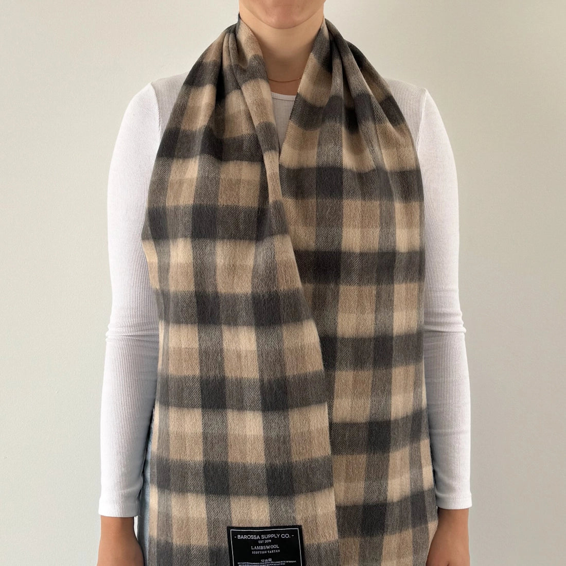 Scottish Tartan Lambswool Scarf by Barossa -  Neutral Check