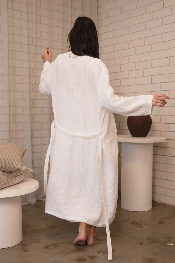 Carter Fundamental Linen Robe - Off White with Natural Stripe