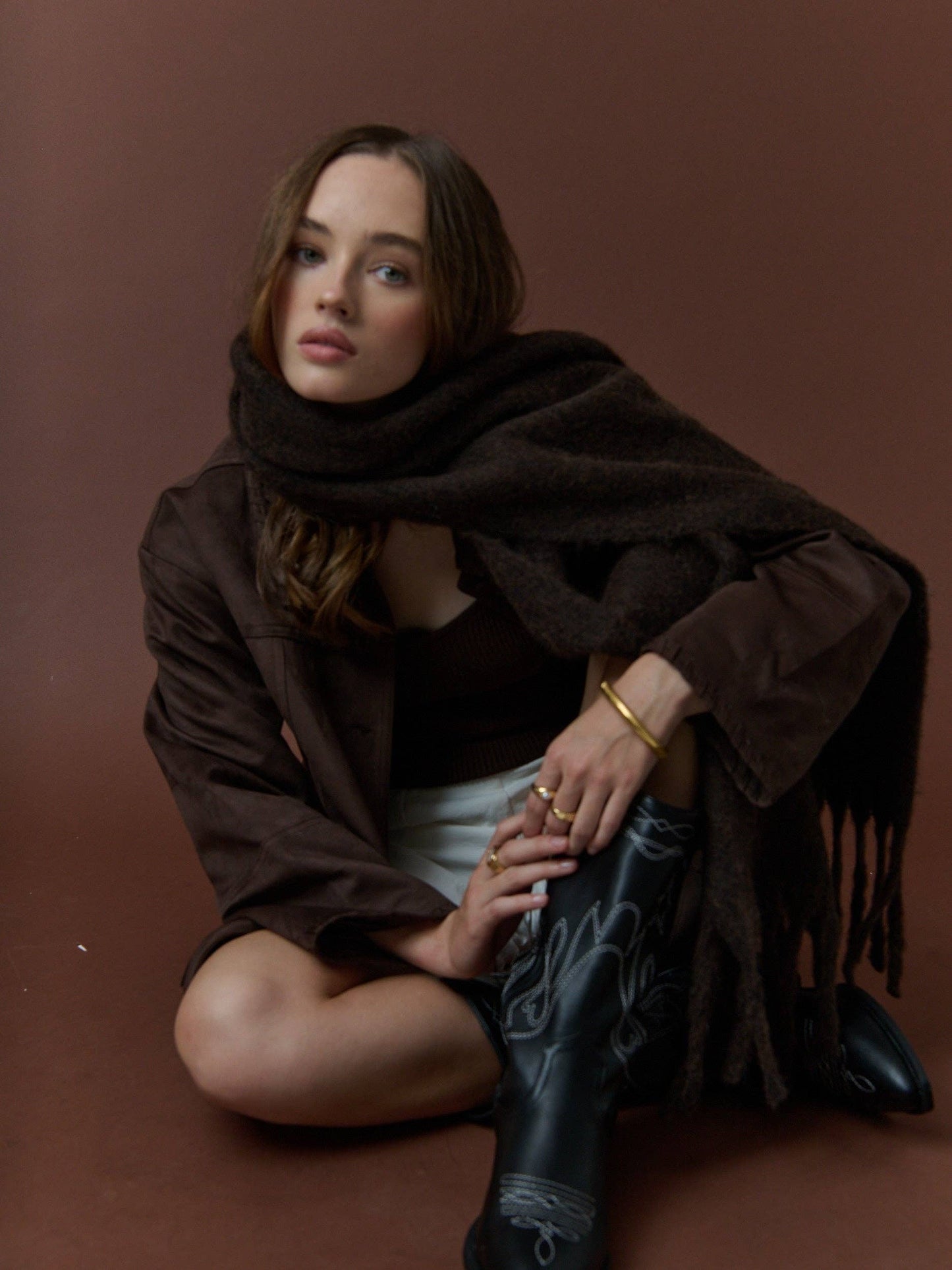 Betty Wool Plain Winter Fluffy Scarf in Brown