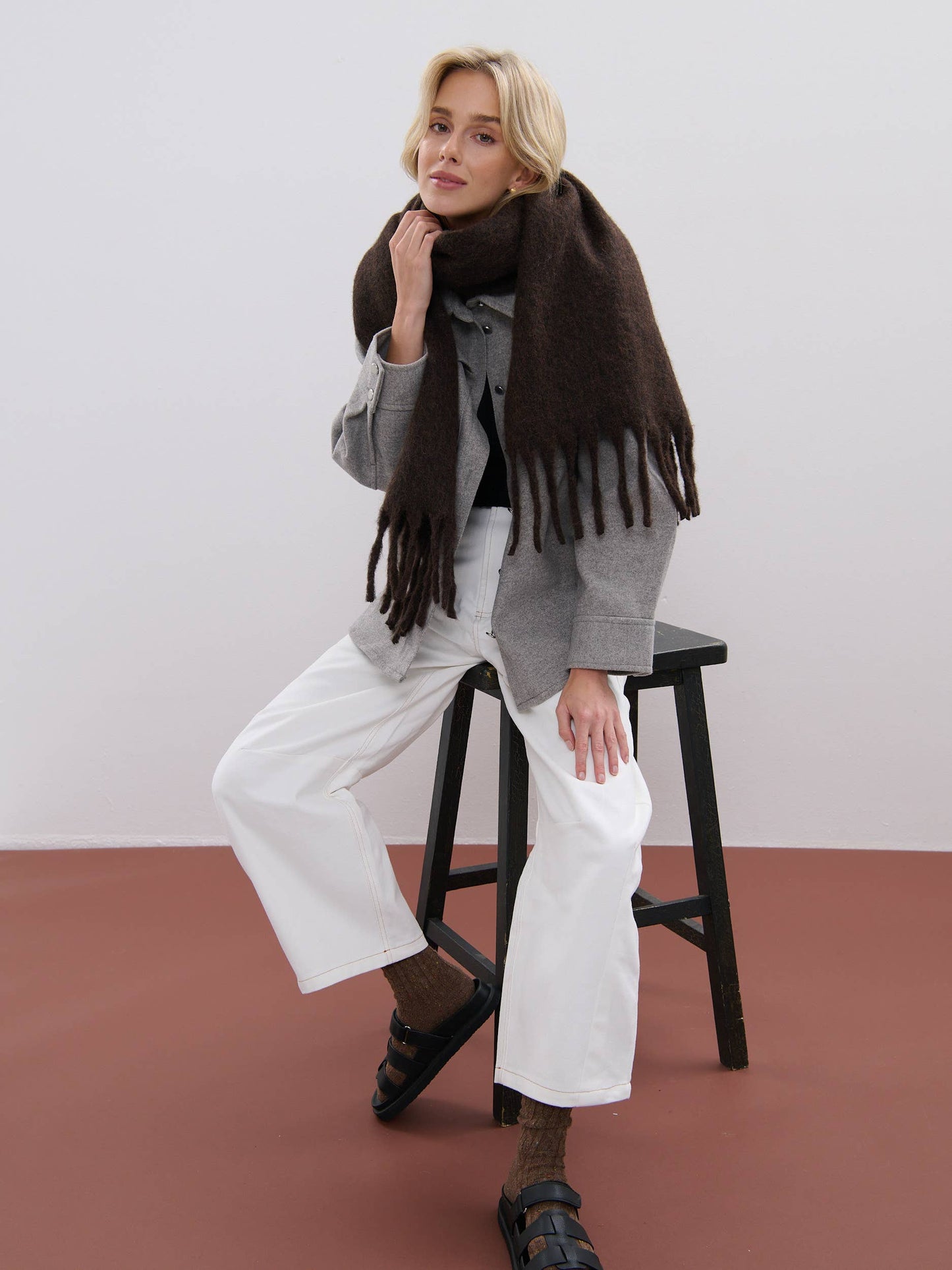 Betty Wool Plain Winter Fluffy Scarf in Brown