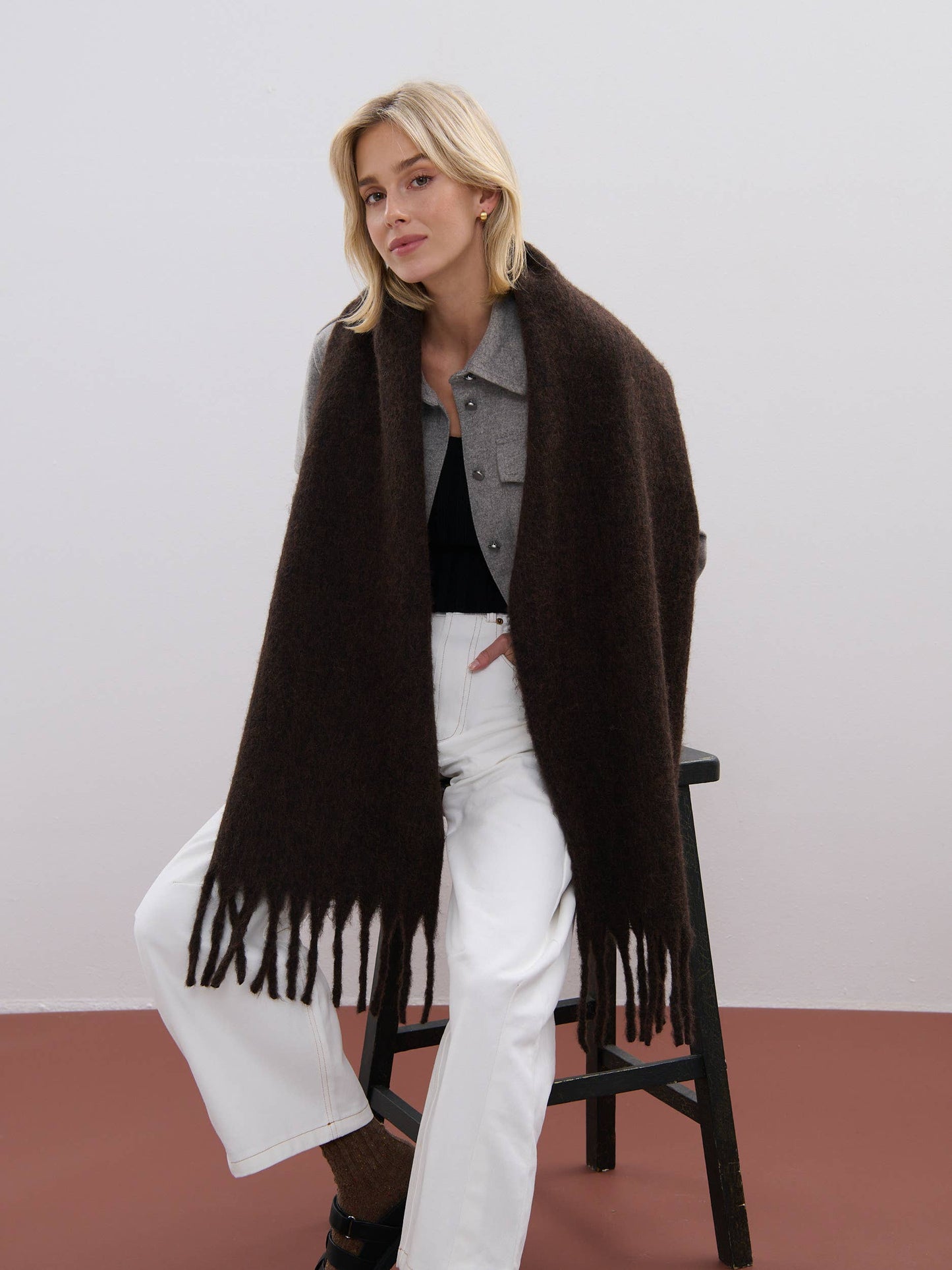 Betty Wool Plain Winter Fluffy Scarf in Brown