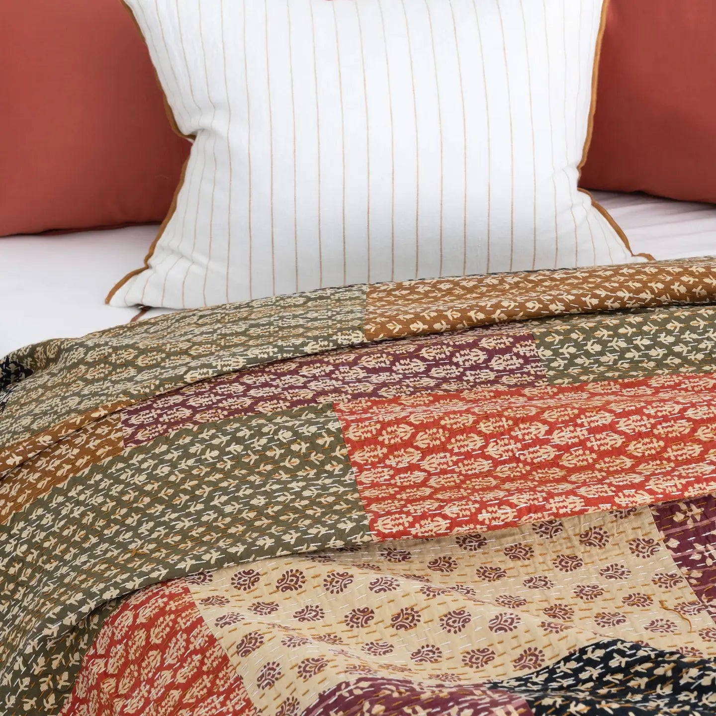 Kantha Quilt Indian Block Print Bedspread - Soft Harmony