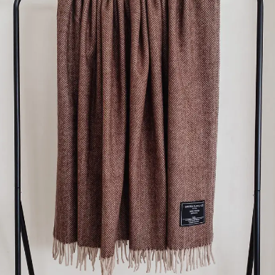 Chocolate - Herringbone Wool Blend Blanket