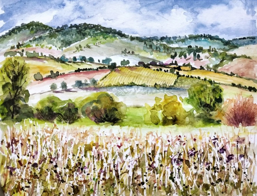 Anjee Du Terreau Original Watercolour - "Curved Hills" 38x30cm