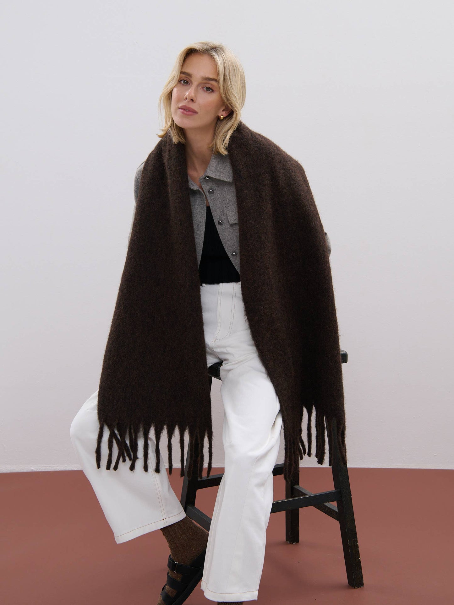 Betty Wool Plain Winter Fluffy Scarf in Brown