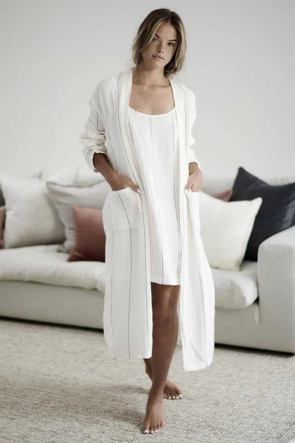 Fundamental Linen Robe - Off White W' Charcoal Fine Stripe