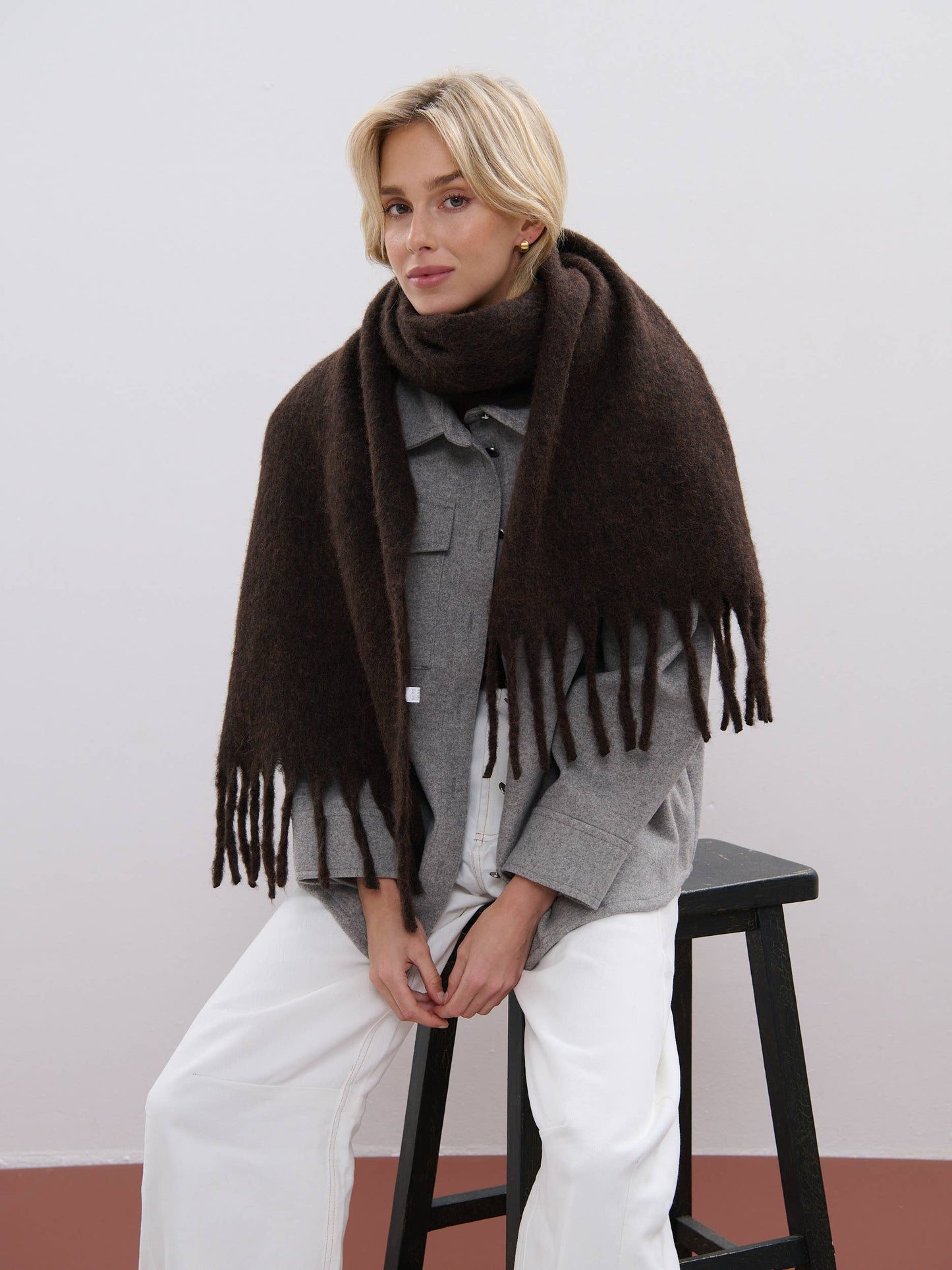 Betty Wool Plain Winter Fluffy Scarf in Brown