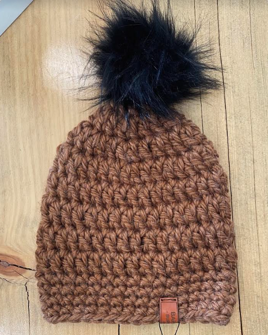 Crochet Pom Pom Beanie - Wool Blend Spiced Cider