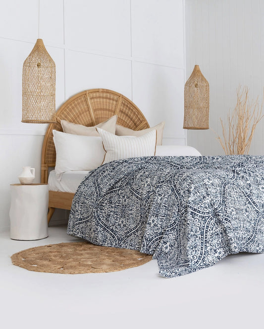 Kantha Quilt Indian Block Print Bedspread - Blue Stone