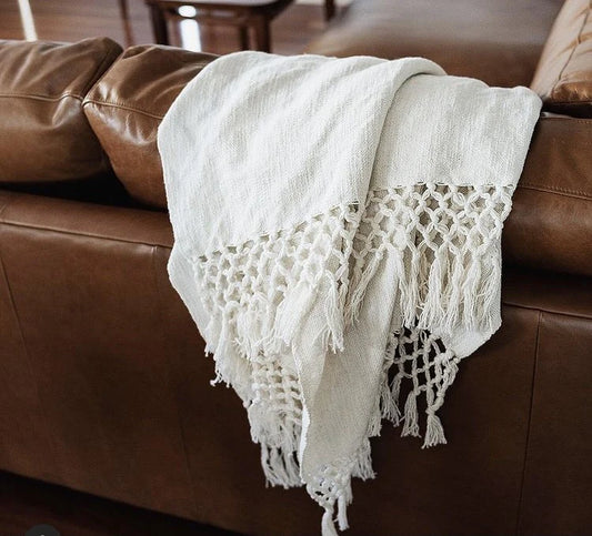 Crossed Fringe Throw Rug - White