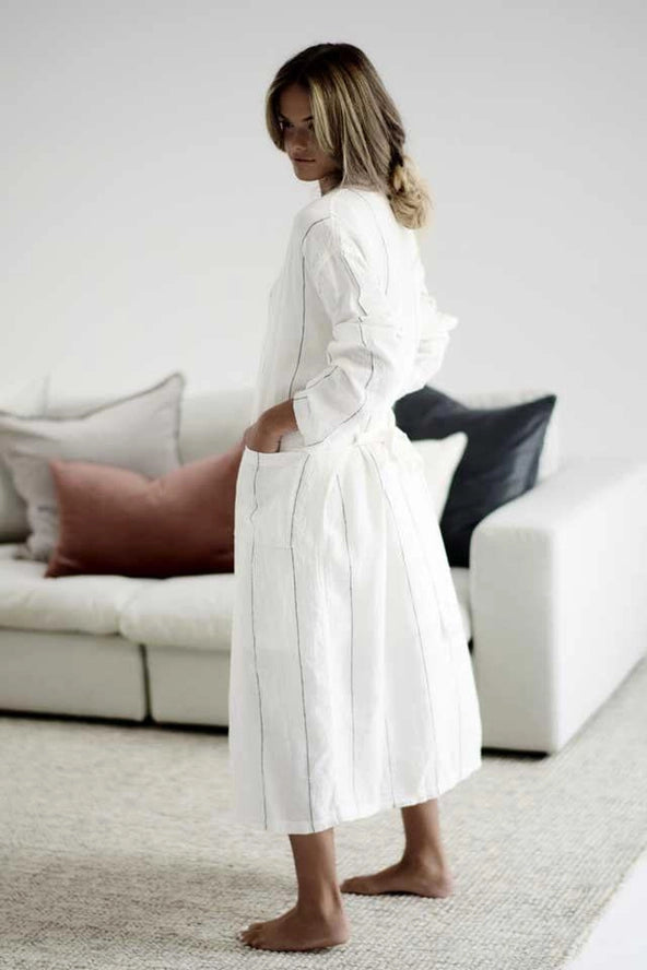 Fundamental Linen Robe - Off White W' Charcoal Fine Stripe
