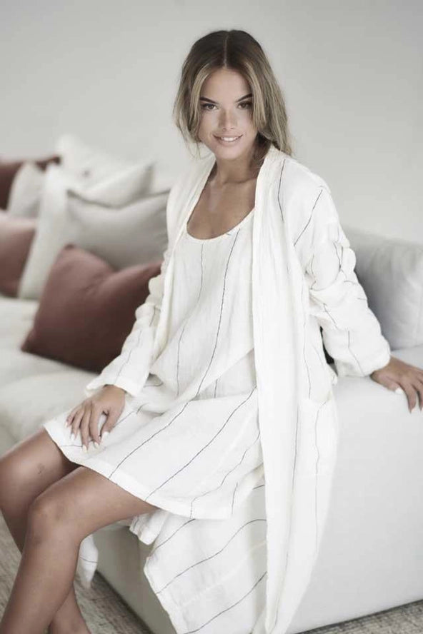 Fundamental Linen Robe - Off White W' Charcoal Fine Stripe