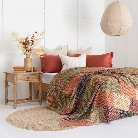 Kantha Quilt Indian Block Print Bedspread - Soft Harmony