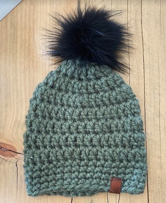 Crochet Pom Pom Beanie - Wool Blend Forest Green