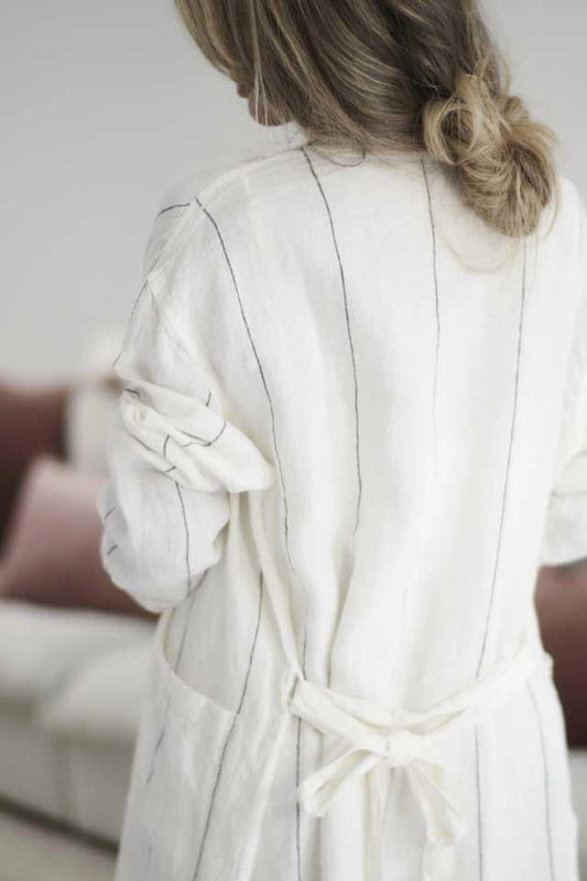 Fundamental Linen Robe - Off White W' Charcoal Fine Stripe