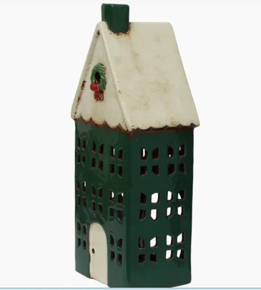 Christmas Tea Light House Green with Wreath Large