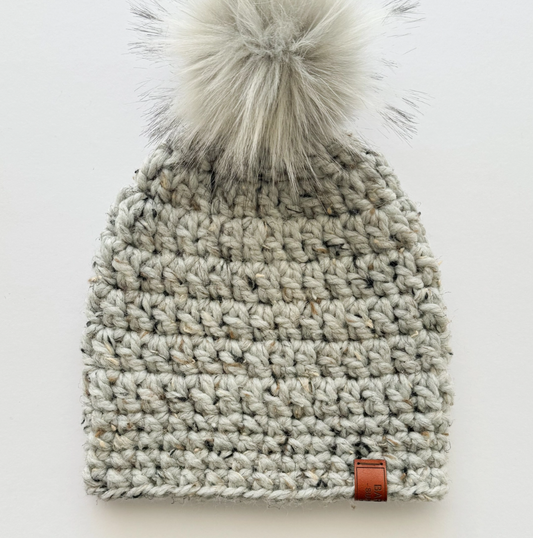 Crochet Pom Pom Beanie - Wool Blend Grey