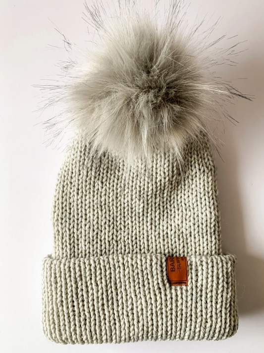 Double Knit Pom Pom Beanie - Wool Blend Light Grey with Grey Pom Pom