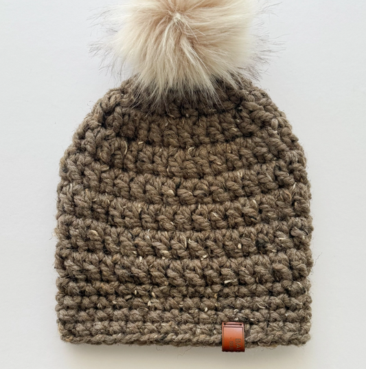 Crochet Pom Pom Beanie - Wool Blend Milk Chocolate