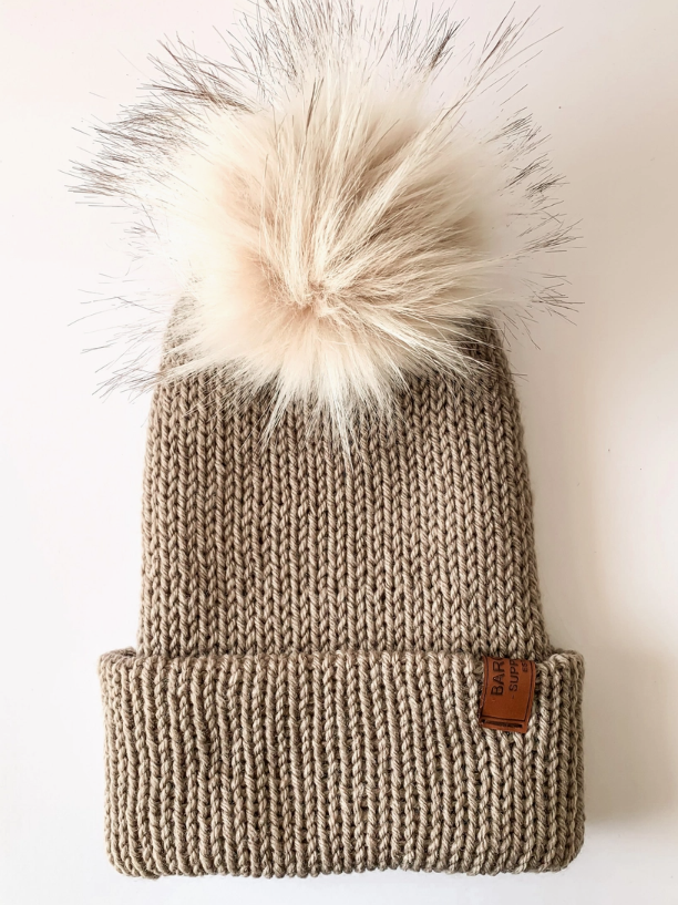 Double Knit Pom Pom Beanie - Wool Blend Mocha with Ivory Pom Pom