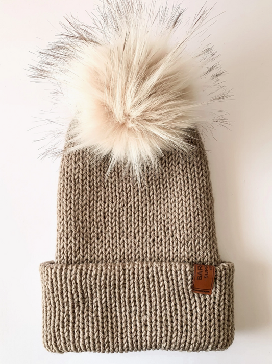 Double Knit Pom Pom Beanie - Wool Blend Mocha with Ivory Pom Pom