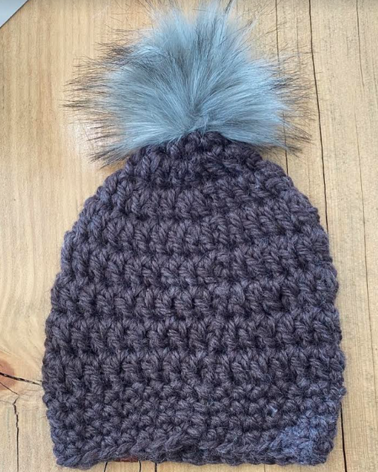 Crochet Pom Pom Beanie - Dark Plum