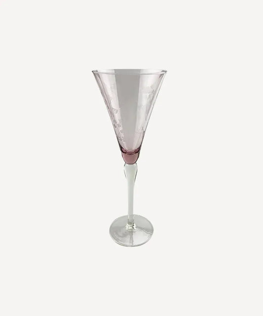 Floral Etched Tall Wine Glass Pink