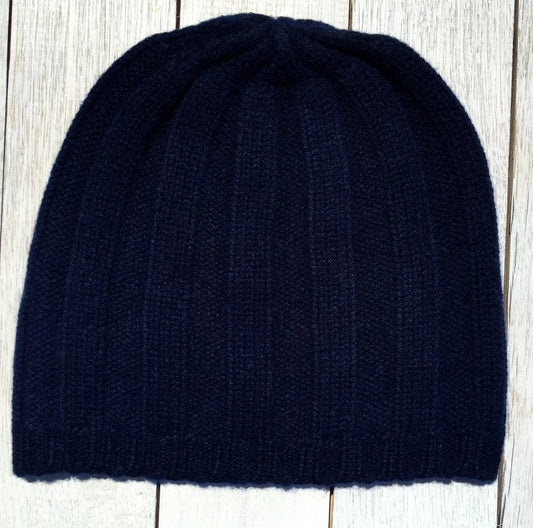 Hudson Thick Rib Beanie 100% Pure Cashmere French Navy