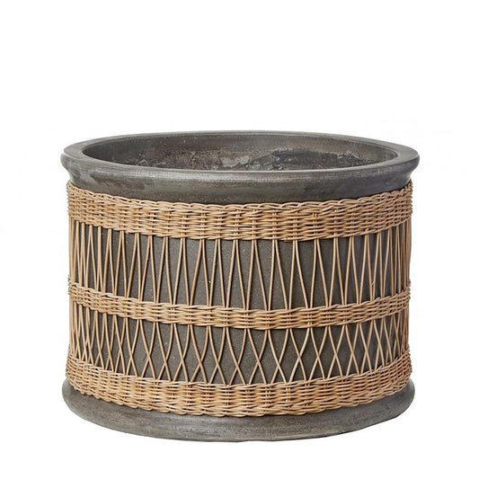 Cement Pot With Rattan Weave Small